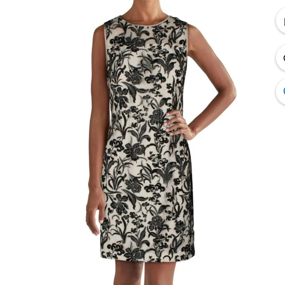 Lauren Ralph Lauren Melia Dress 8 Cream Metallic Black Floral Velvet Cocktail